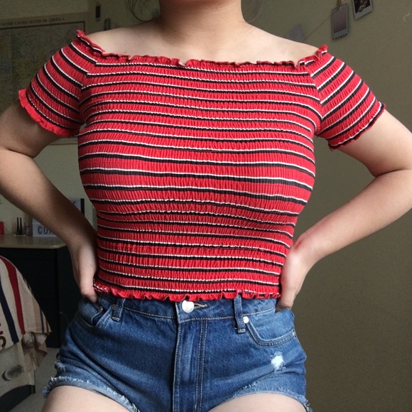 striped smocked off-shoulder top - Picture 1 of 2
